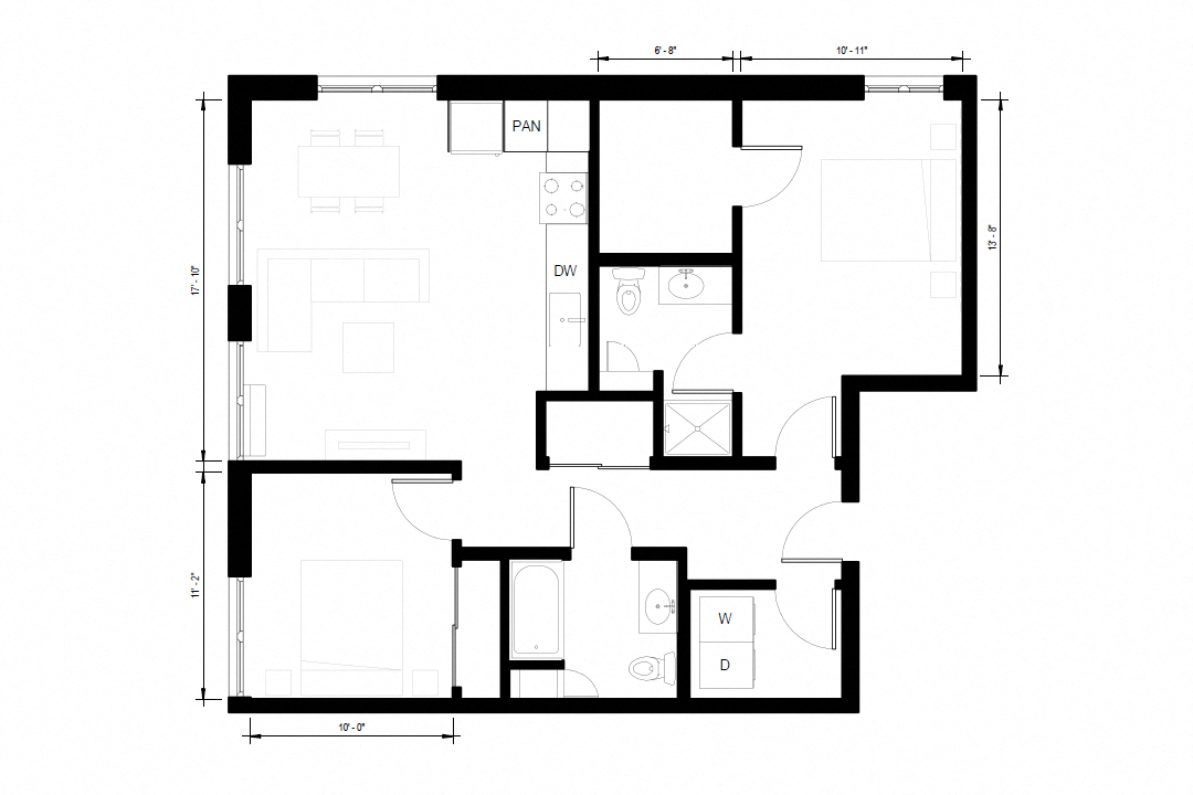 Floor plan for 2 beds, 2 baths, 1028 sqft